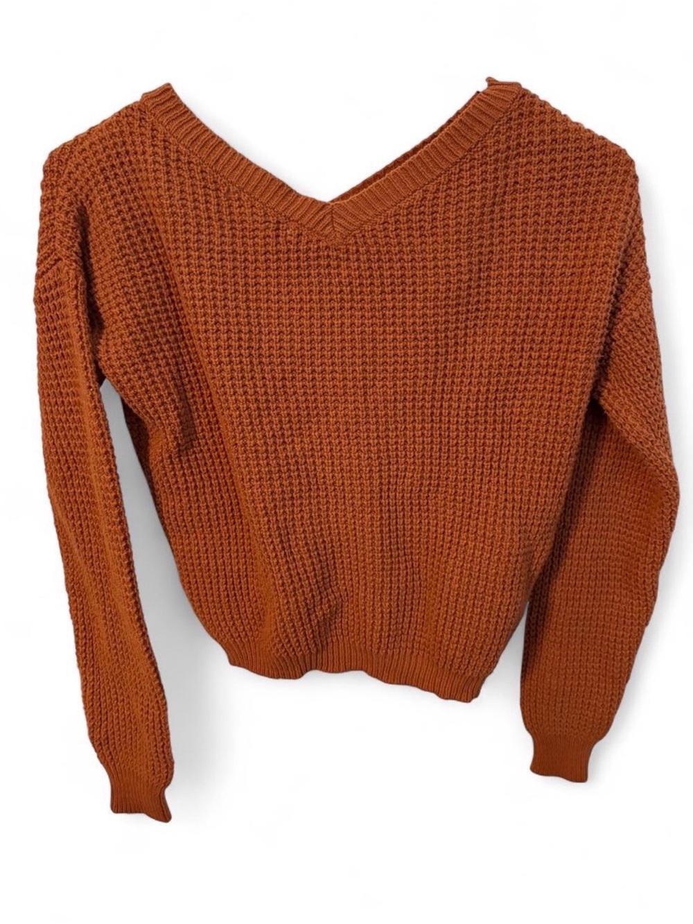 Sincerly Jules Waffle-Knit Rust V-Neck Drawstring Sweater - Picture 4 of 5